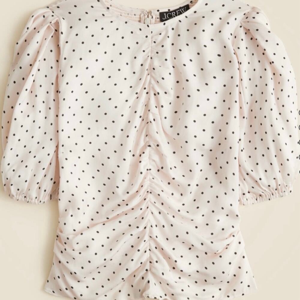 J Crew Veranda Ruched Puff Sleeve Shirt Women's 20 Beige Polka Dot